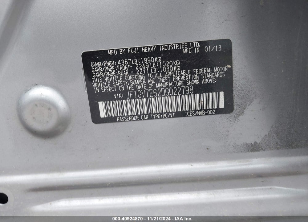 2013 SUBARU IMPREZA WRX VIN: JF1GV7E62DG022798