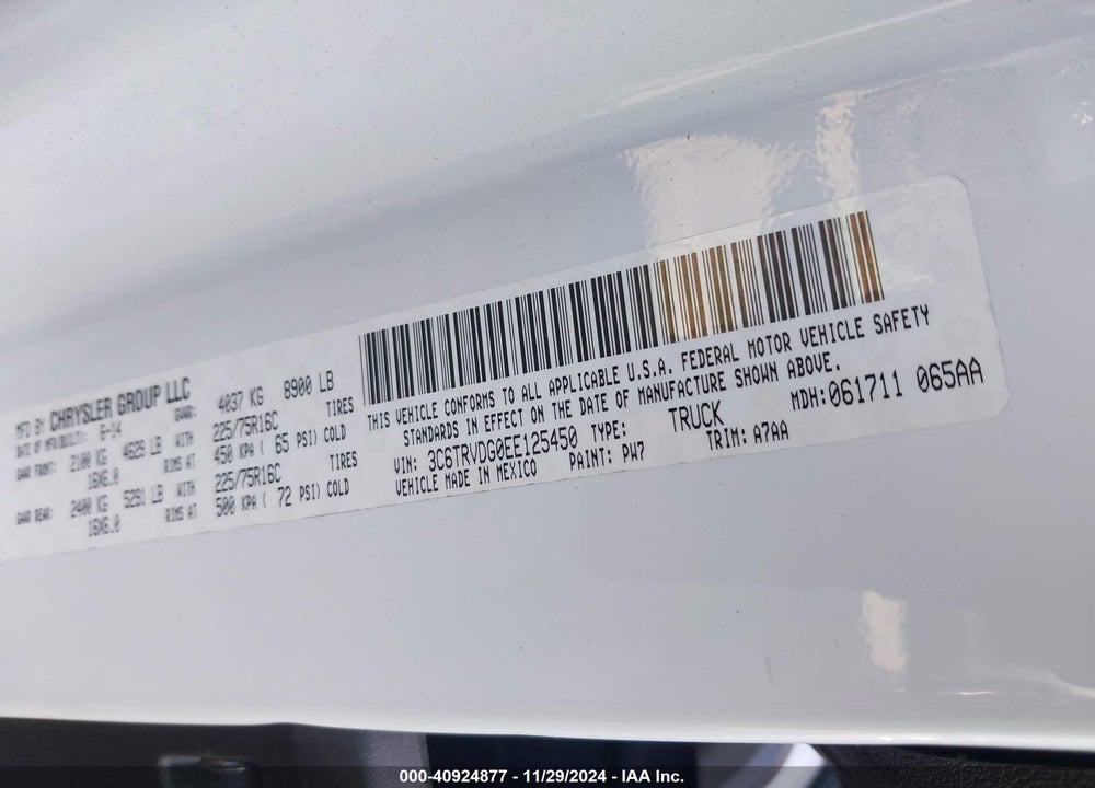 2014 RAM PROMASTER 2500 HIGH ROOF VIN: 3C6TRVDG0EE125450