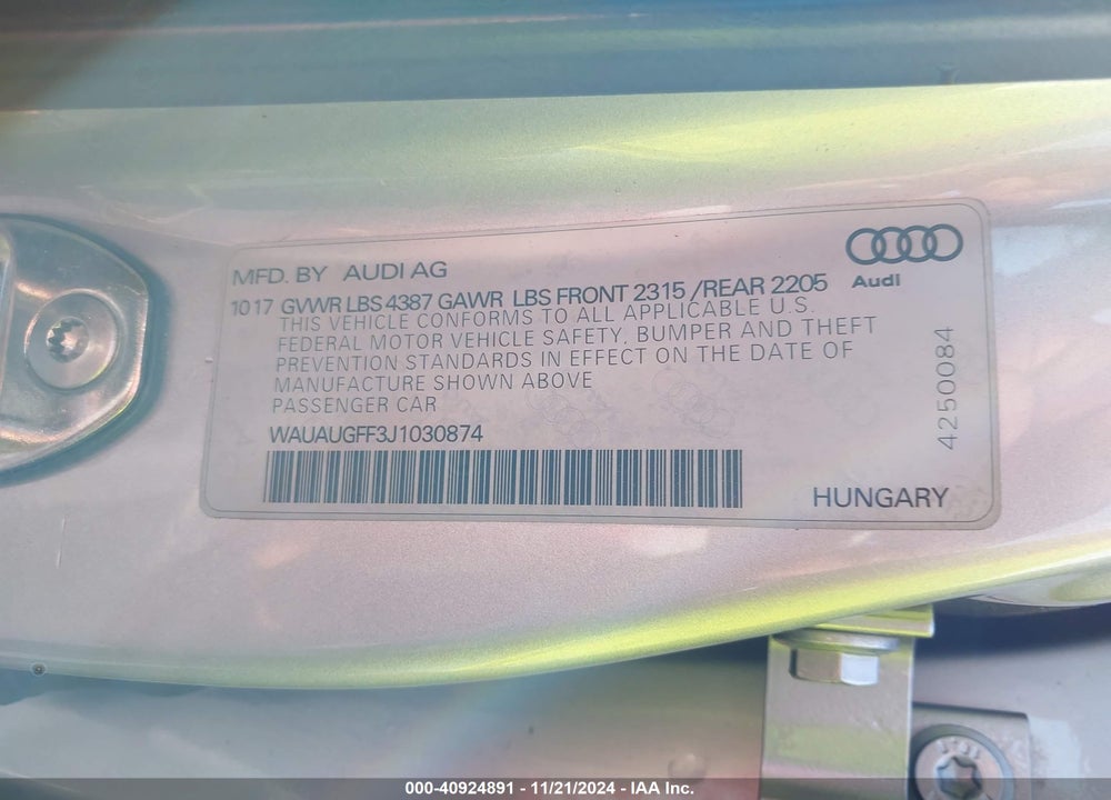 2018 AUDI A3 VIN: WAUAUGFF3J1030874