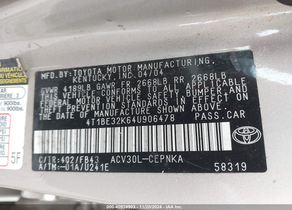 2004 TOYOTA CAMRY LE VIN: 4T1BE32K64U906478
