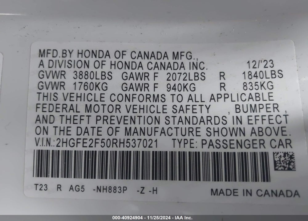2024 HONDA CIVIC SPORT VIN: 2HGFE2F50RH537021