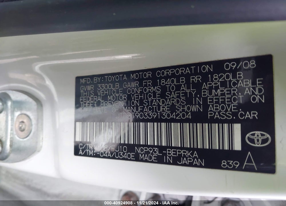 2009 TOYOTA YARIS VIN: JTDBT903391304204