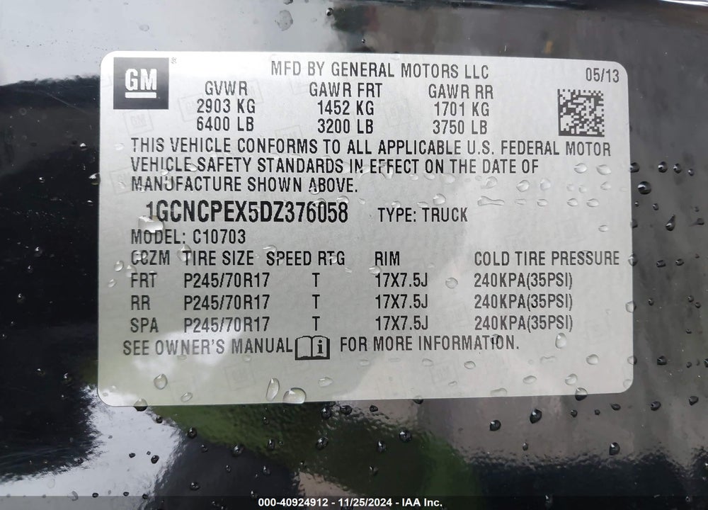 2013 CHEVROLET SILVERADO 1500 WORK TRUCK VIN: 1GCNCPEX5DZ376058