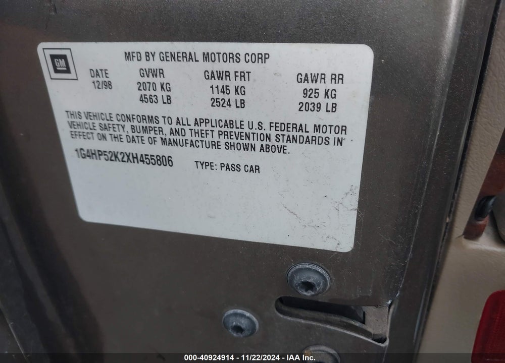 1999 BUICK LESABRE CUSTOM VIN: 1G4HP52K2XH455806