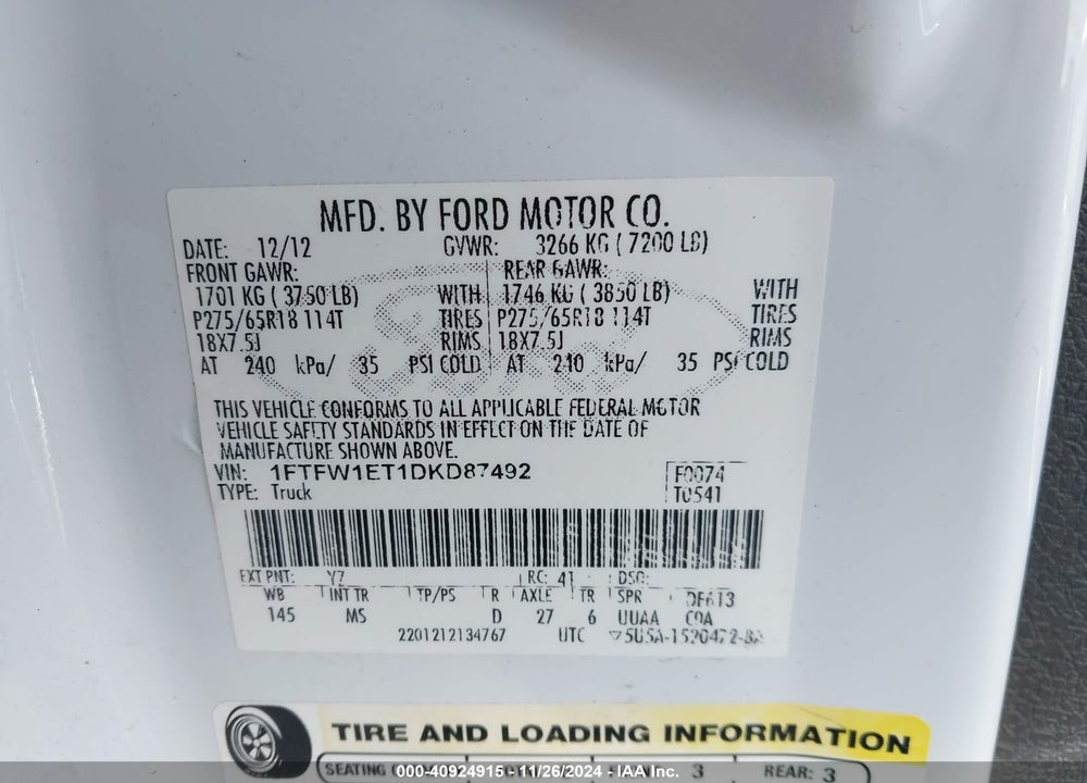 2013 FORD F-150 VIN: 1FTFW1ET1DKD87492