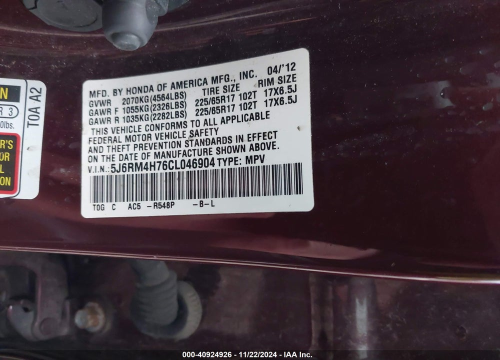 2012 HONDA CR-V EX-L VIN: 5J6RM4H76CL046904