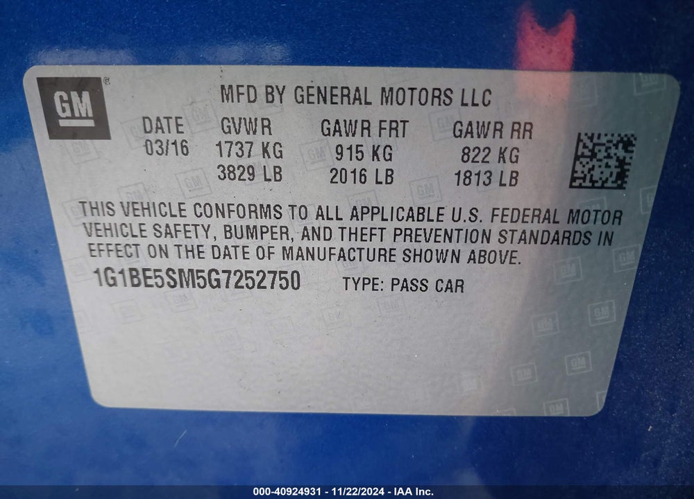 2016 CHEVROLET CRUZE LT AUTO VIN: 1G1BE5SM5G7252750