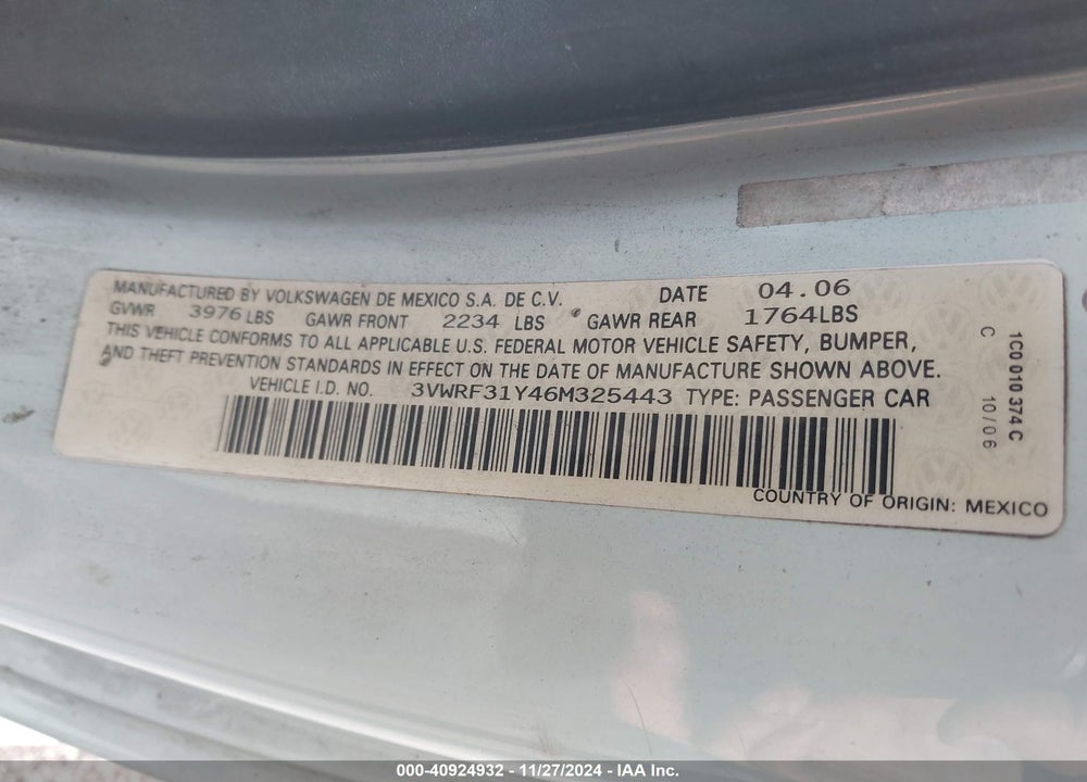 2006 VOLKSWAGEN NEW BEETLE VIN: 3VWRF31Y46M325443