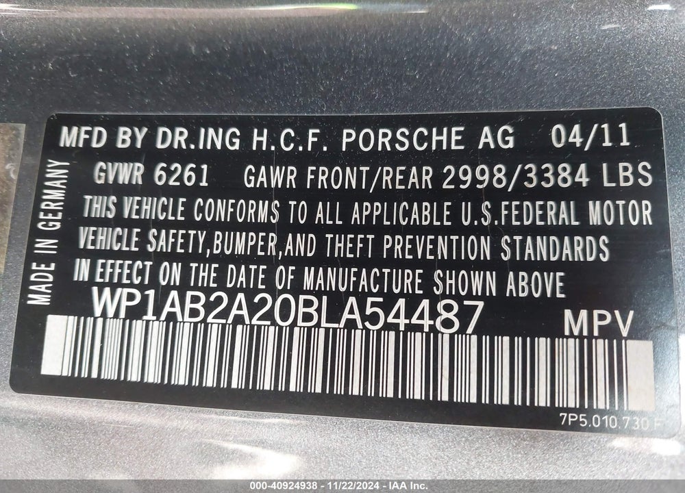 2011 PORSCHE CAYENNE S VIN: WP1AB2A20BLA54487