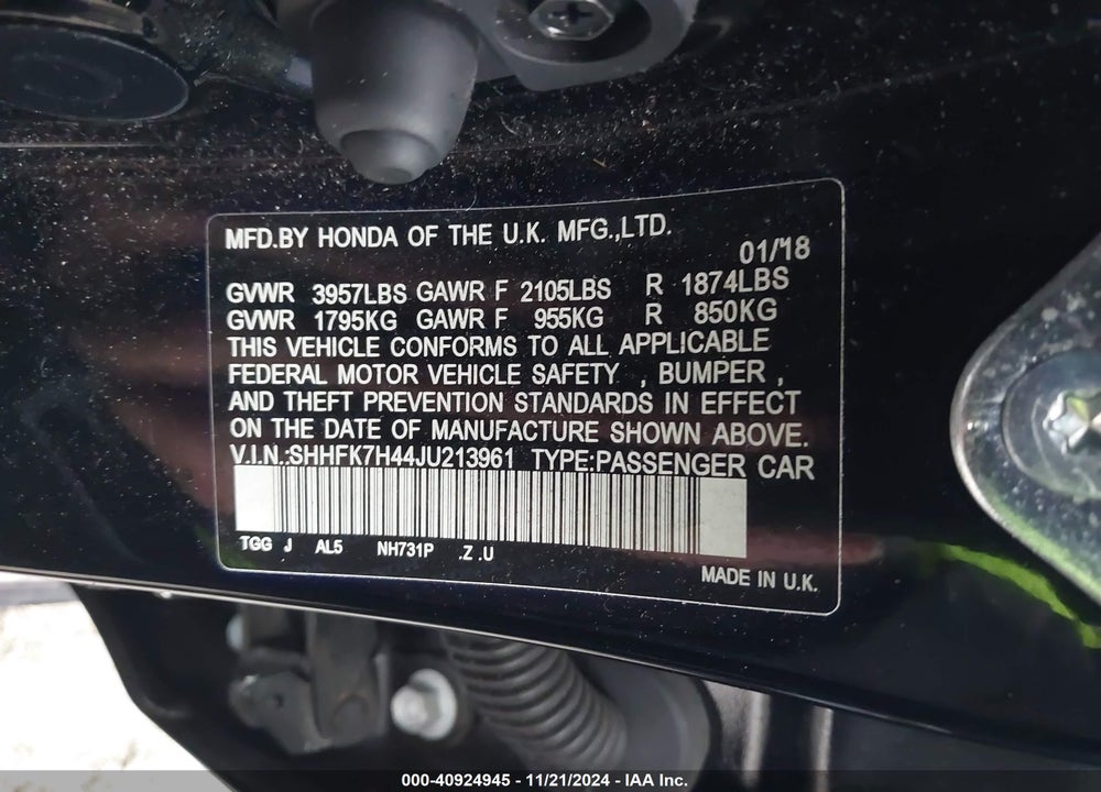 2018 HONDA CIVIC SPORT VIN: SHHFK7H44JU213961
