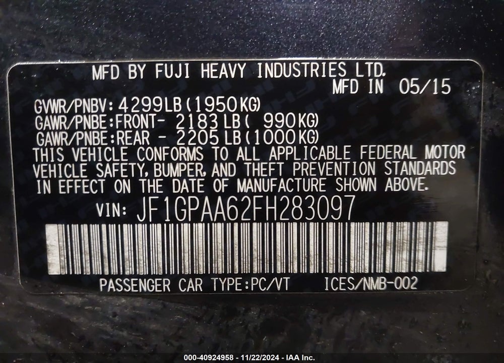 2015 SUBARU IMPREZA VIN: JF1GPAA62FH283097