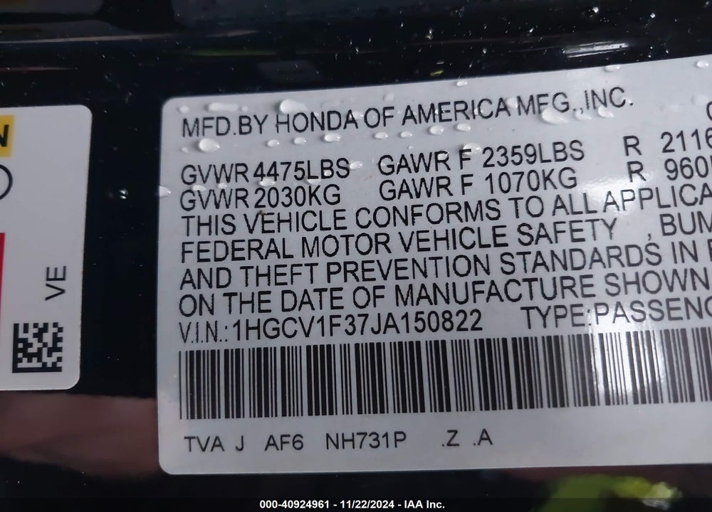 2018 HONDA ACCORD VIN: 1HGCV1F37JA150822