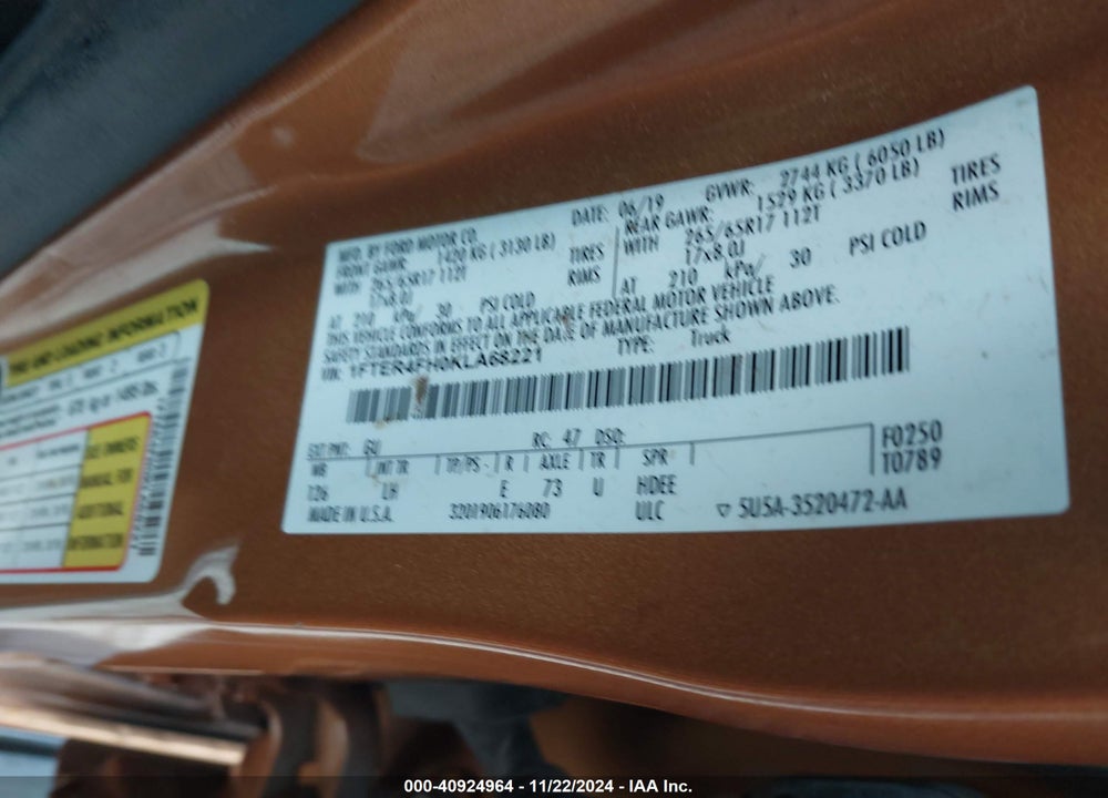2019 FORD RANGER XL VIN: 1FTER4FH0KLA68221