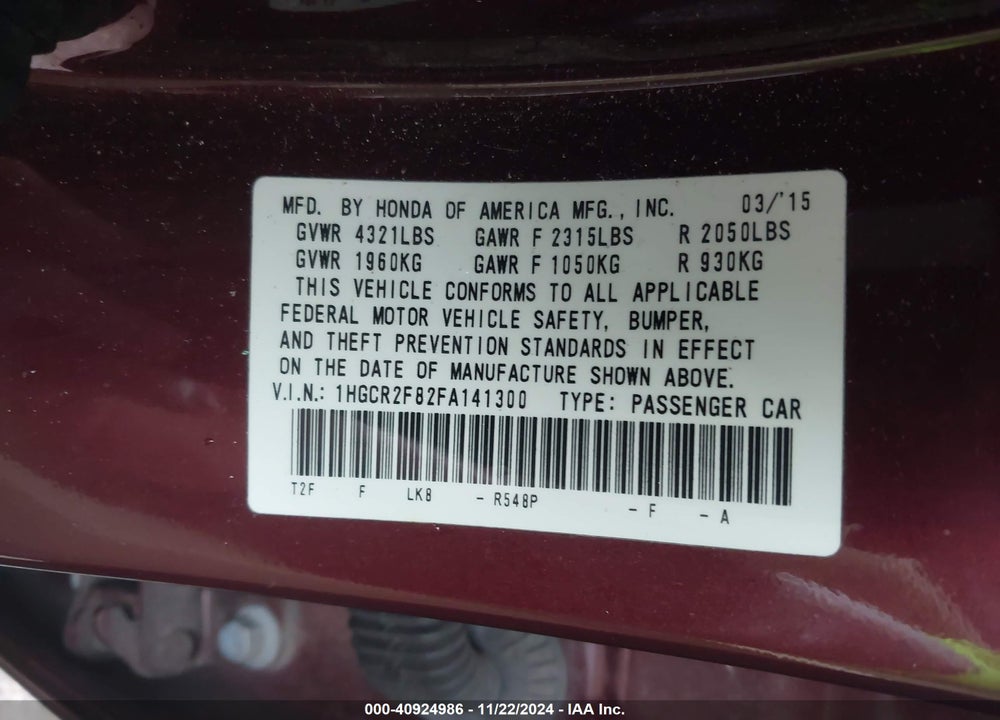 2015 HONDA ACCORD EX-L VIN: 1HGCR2F82FA141300