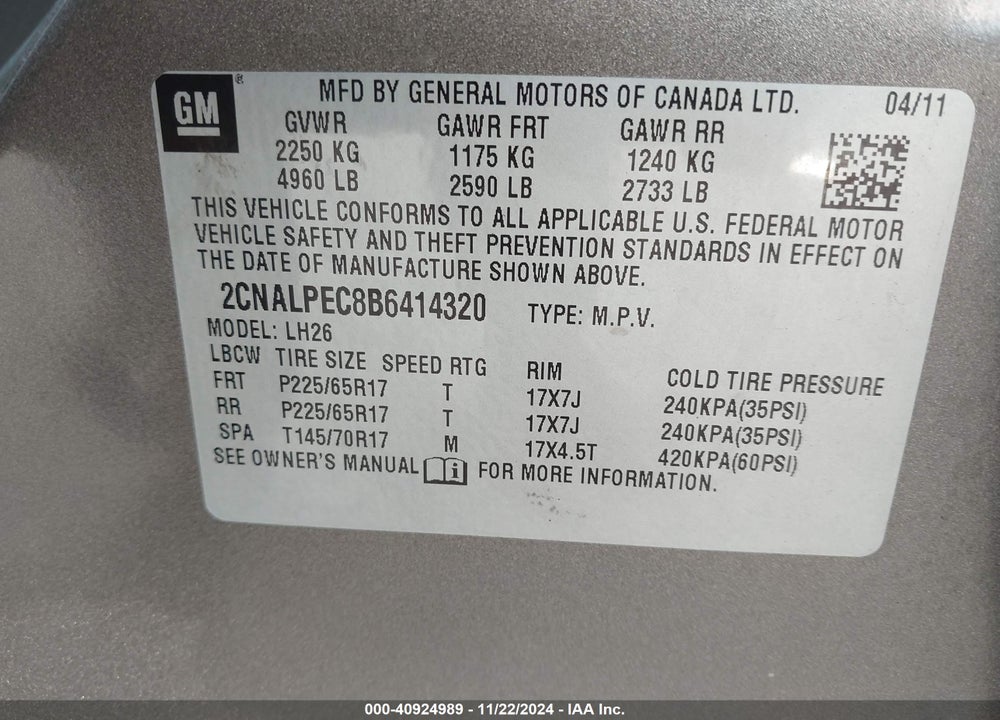 2011 CHEVROLET EQUINOX VIN: 2CNALPEC8B6414320
