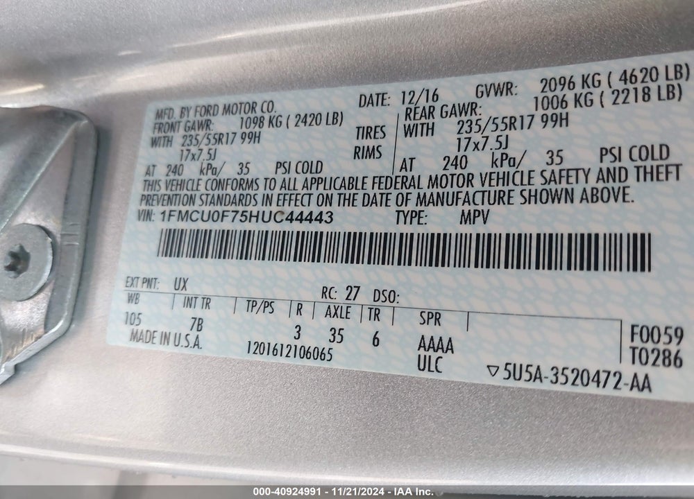 2017 FORD ESCAPE S VIN: 1FMCU0F75HUC44443