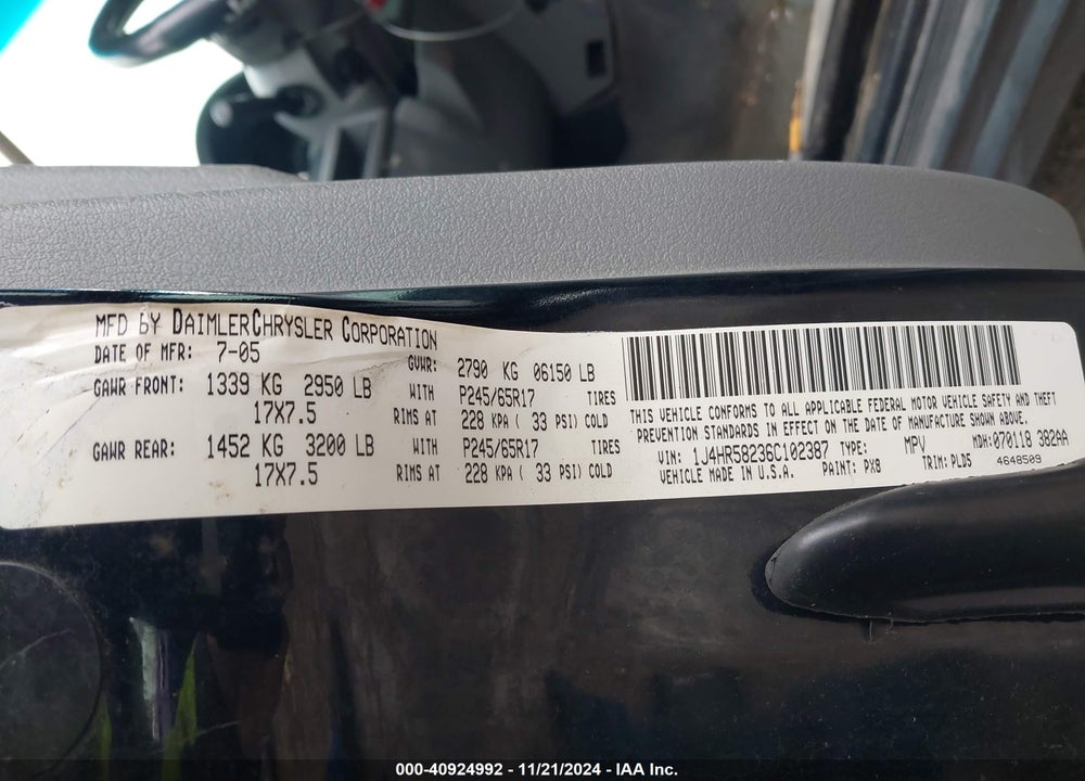 2006 JEEP GRAND CHEROKEE LIMITED VIN: 1J4HR58236C102387