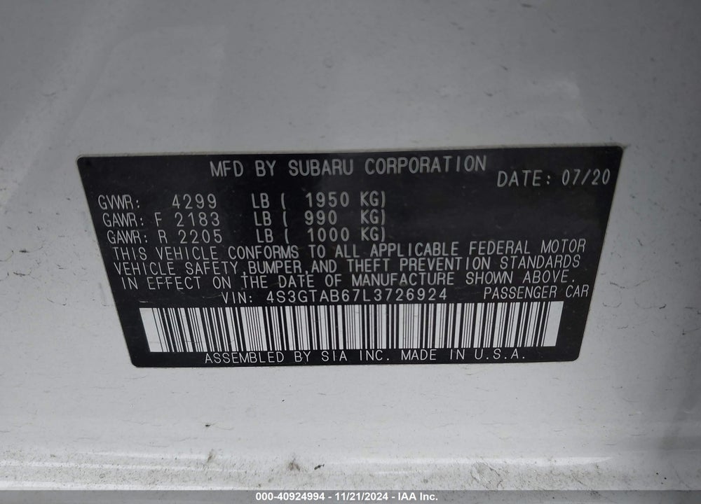 2020 SUBARU IMPREZA 5-DOOR VIN: 4S3GTAB67L3726924