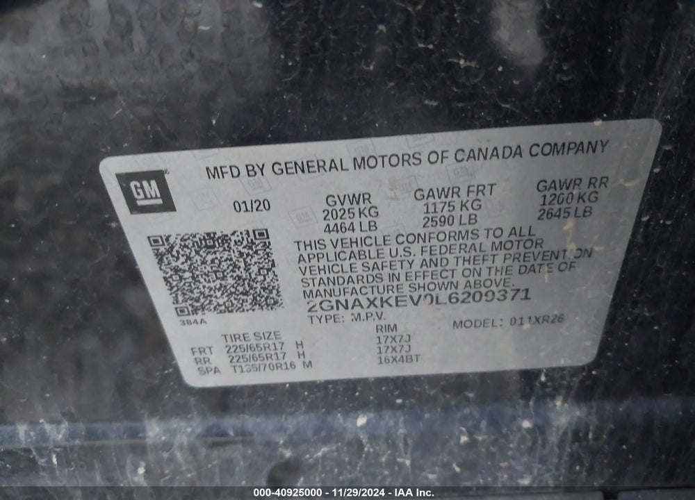 2020 CHEVROLET EQUINOX FWD LT 1.5L TURBO VIN: 2GNAXKEV0L6209371