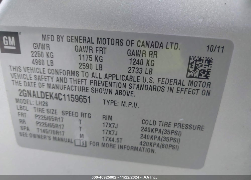 2012 CHEVROLET EQUINOX 1LT VIN: 2GNALDEK4C1159651