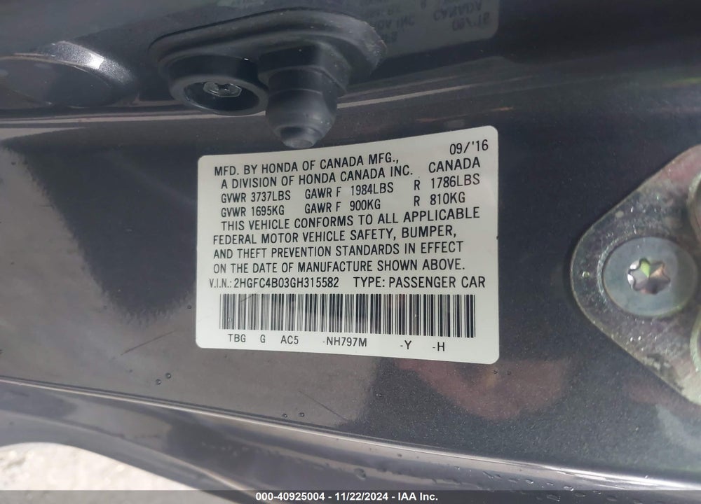 2016 HONDA CIVIC LX-P VIN: 2HGFC4B03GH315582