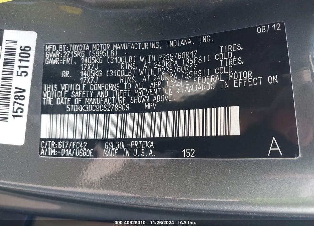 2012 TOYOTA SIENNA LE V6 8 PASSENGER VIN: 5TDKK3DC9CS278809