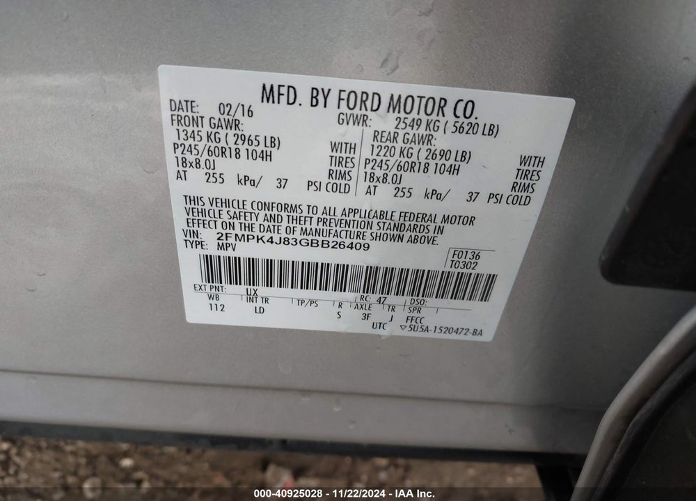 2016 FORD EDGE SEL VIN: 2FMPK4J83GBB26409
