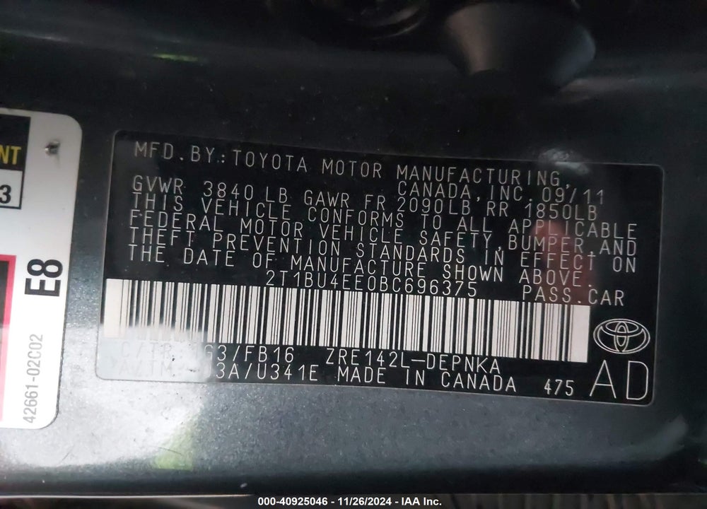 2011 TOYOTA COROLLA LE VIN: 2T1BU4EE0BC696375