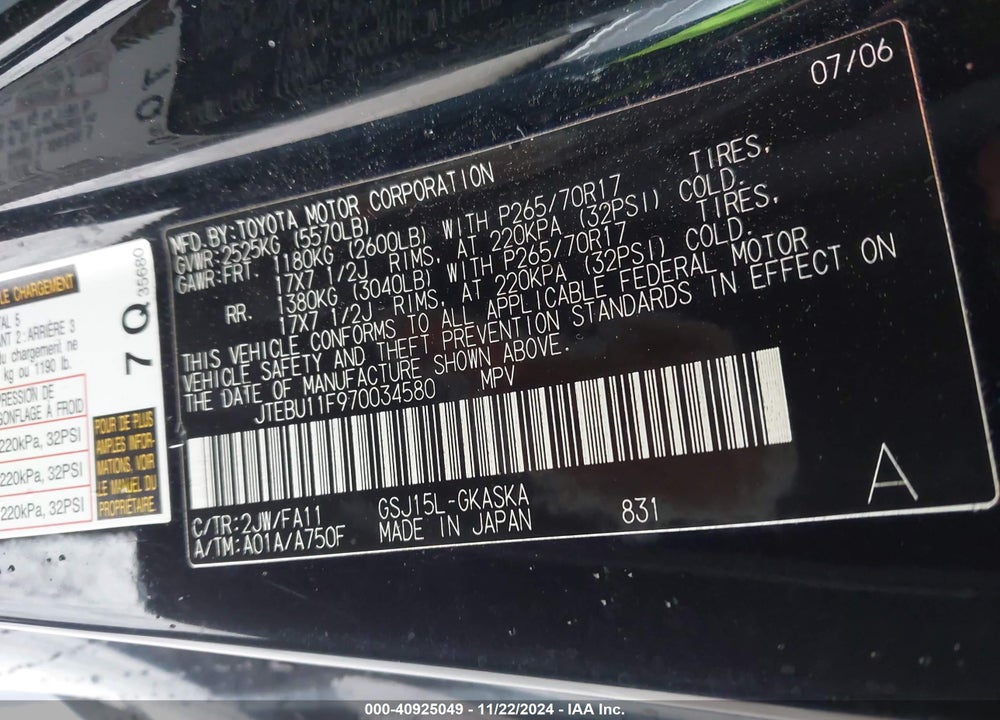 2007 TOYOTA FJ CRUISER VIN: JTEBU11F970034580