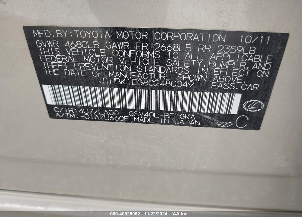 2012 LEXUS ES 350 VIN: JTHBK1EG8C2480049