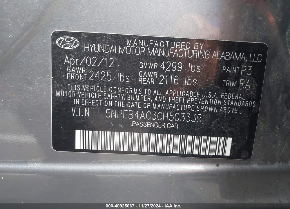 2012 HYUNDAI SONATA GLS VIN: 5NPEB4AC3CH503335