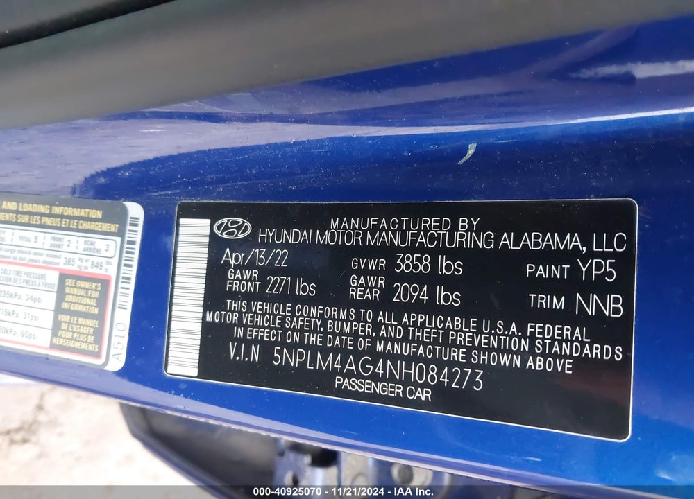 2022 HYUNDAI ELANTRA SEL VIN: 5NPLM4AG4NH084273
