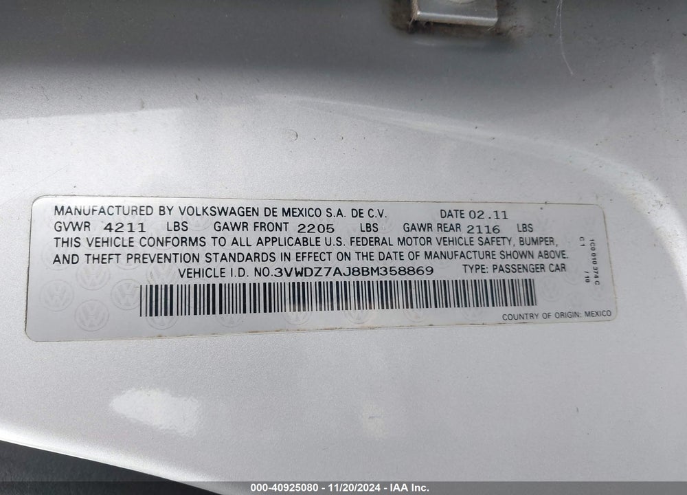 2011 VOLKSWAGEN JETTA 2.5L SE VIN: 3VWDZ7AJ8BM358869