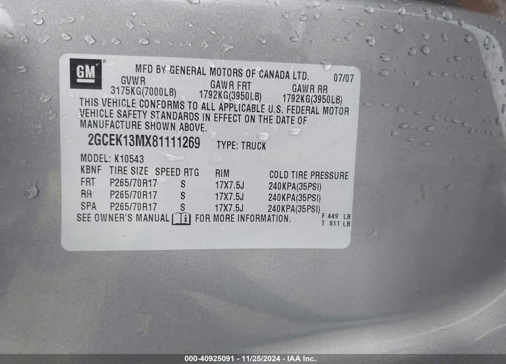 2008 CHEVROLET SILVERADO 1500 LT2 VIN: 2GCEK13MX81111269