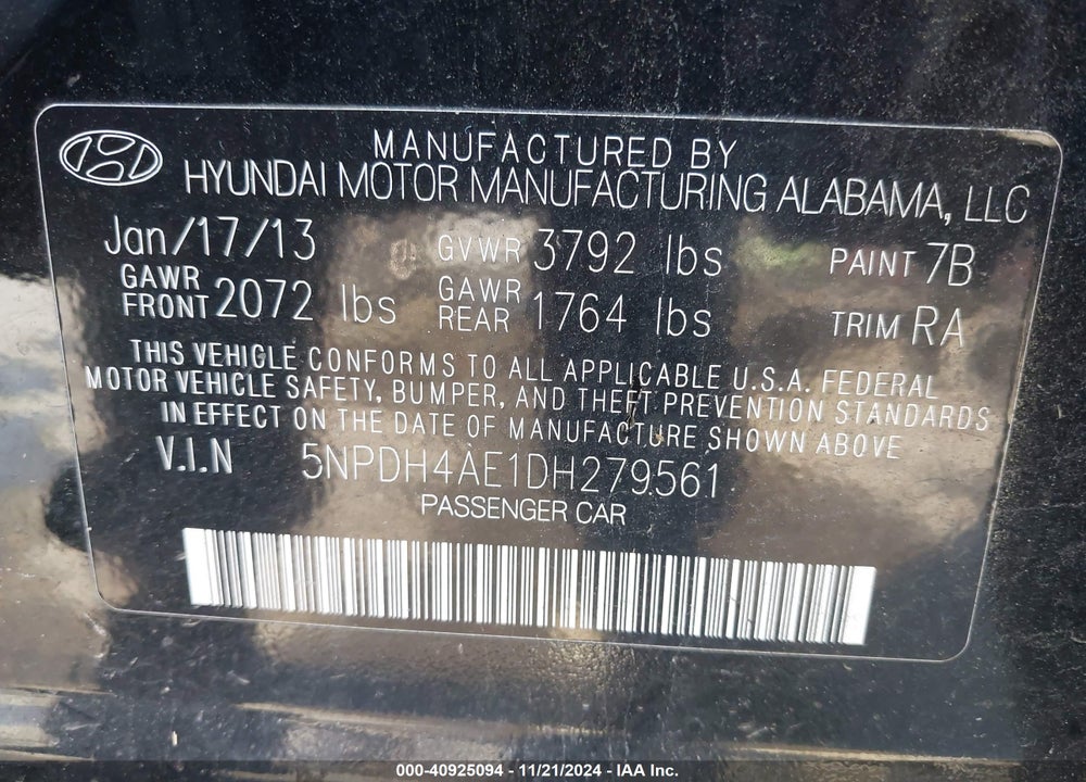 2013 HYUNDAI ELANTRA LIMITED VIN: 5NPDH4AE1DH279561