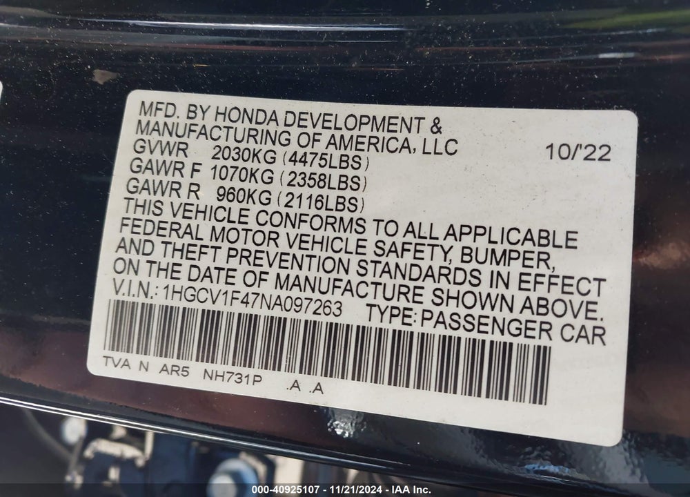 2022 HONDA ACCORD SPORT SPECIAL EDITION VIN: 1HGCV1F47NA097263