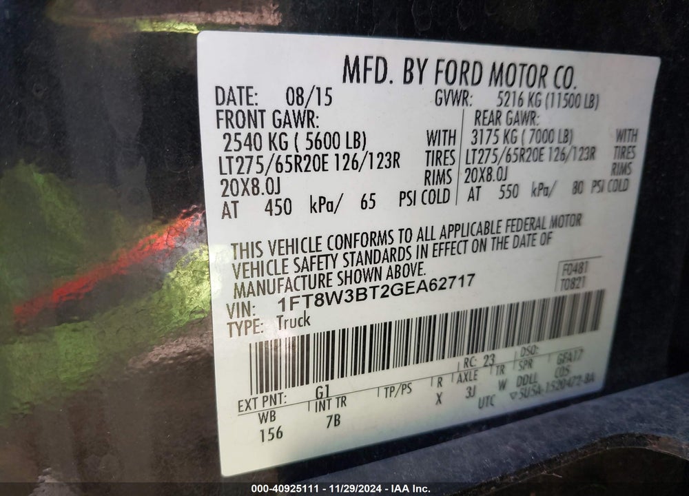 2016 FORD F-350 LARIAT VIN: 1FT8W3BT2GEA62717