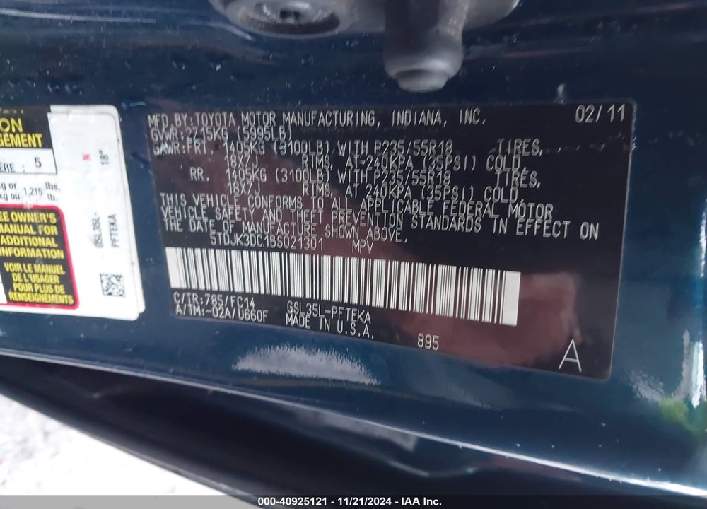 2011 TOYOTA SIENNA LE VIN: 5TDJK3DC1BS021301