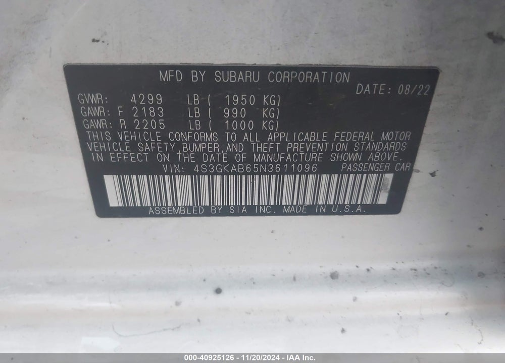 2022 SUBARU IMPREZA BASE VIN: 4S3GKAB65N3611096