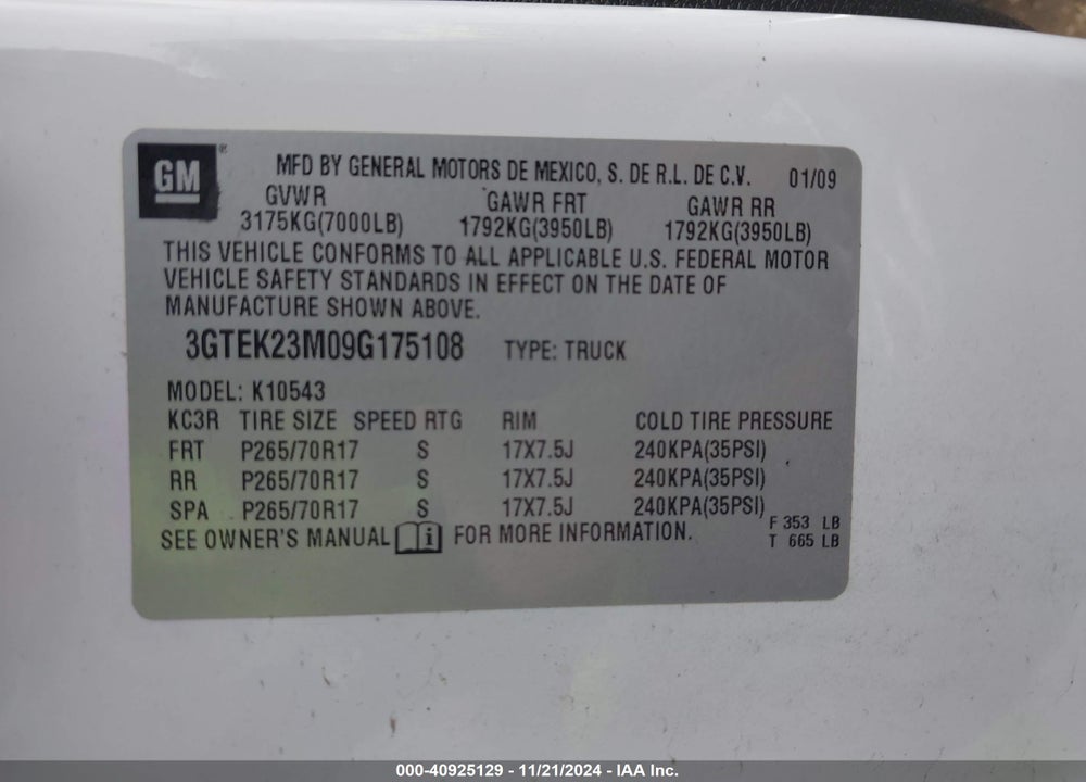 2009 GMC SIERRA 1500 SLE VIN: 3GTEK23M09G175108