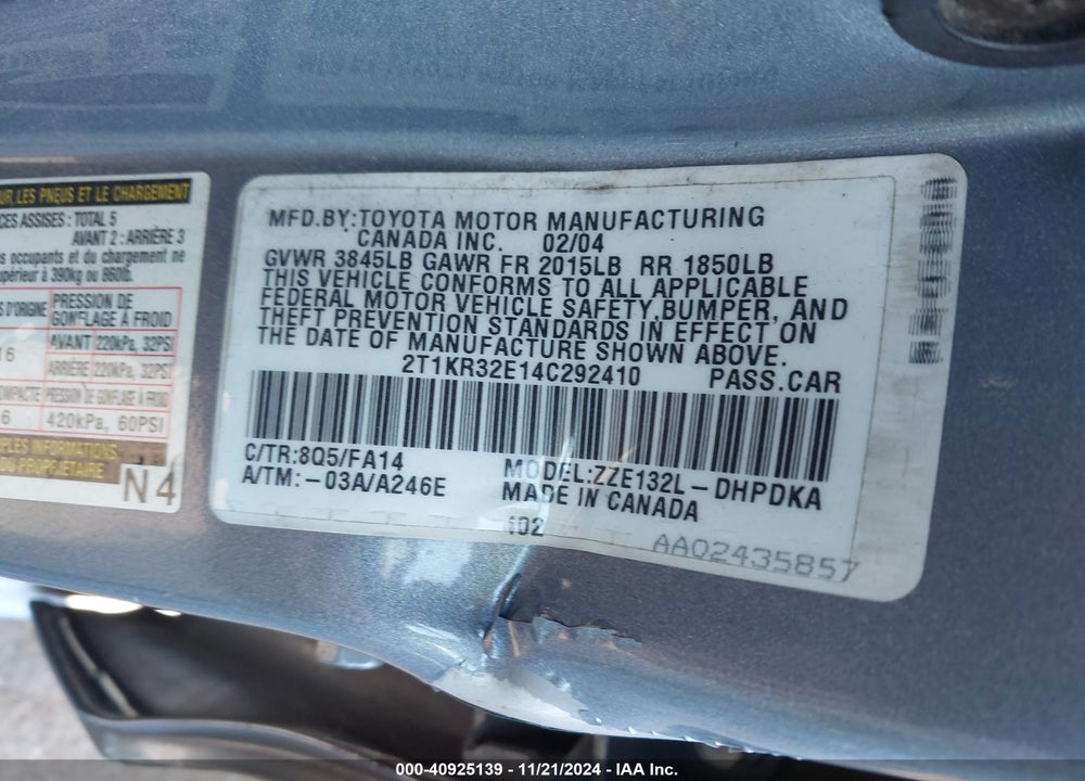 2004 TOYOTA MATRIX STANDARD VIN: 2T1KR32E14C292410