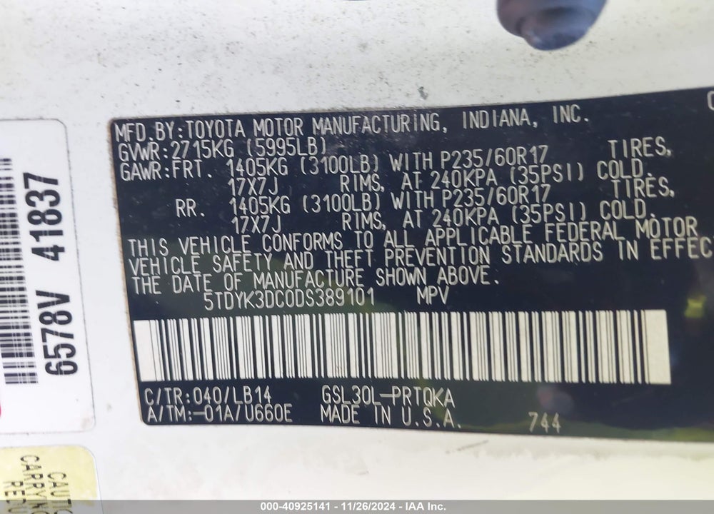 2013 TOYOTA SIENNA XLE V6 8 PASSENGER VIN: 5TDYK3DC0DS389101
