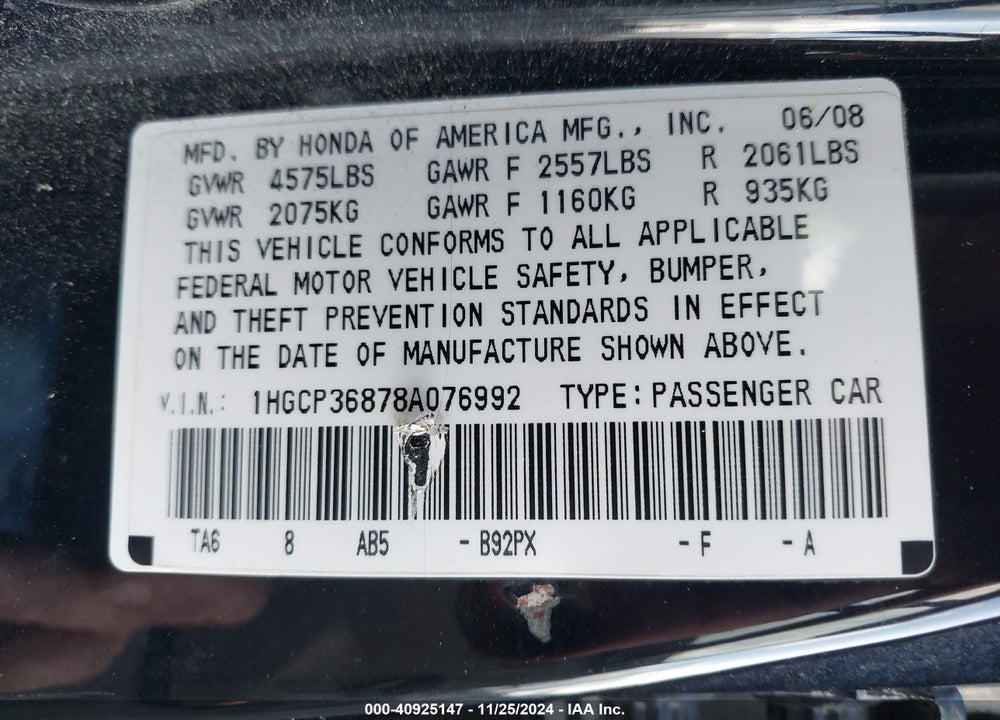 2008 HONDA ACCORD 3.5 EX-L VIN: 1HGCP36878A076992