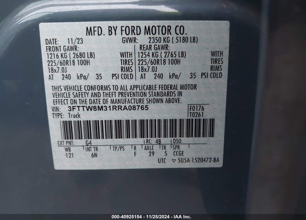 2024 FORD MAVERICK LARIAT VIN: 3FTTW8M31RRA08765