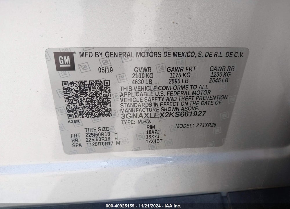 2019 CHEVROLET EQUINOX LT VIN: 3GNAXLEX2KS661927