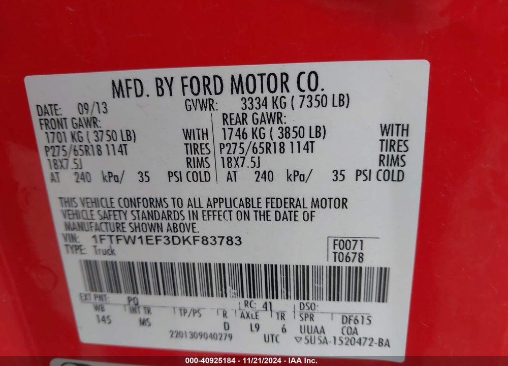 2013 FORD F150 VIN: 1FTFW1EF3DKF83783