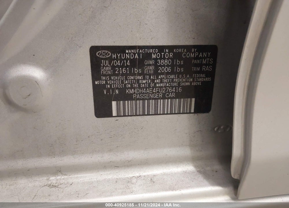 2015 HYUNDAI ELANTRA SE VIN: KMHDH4AE4FU276416