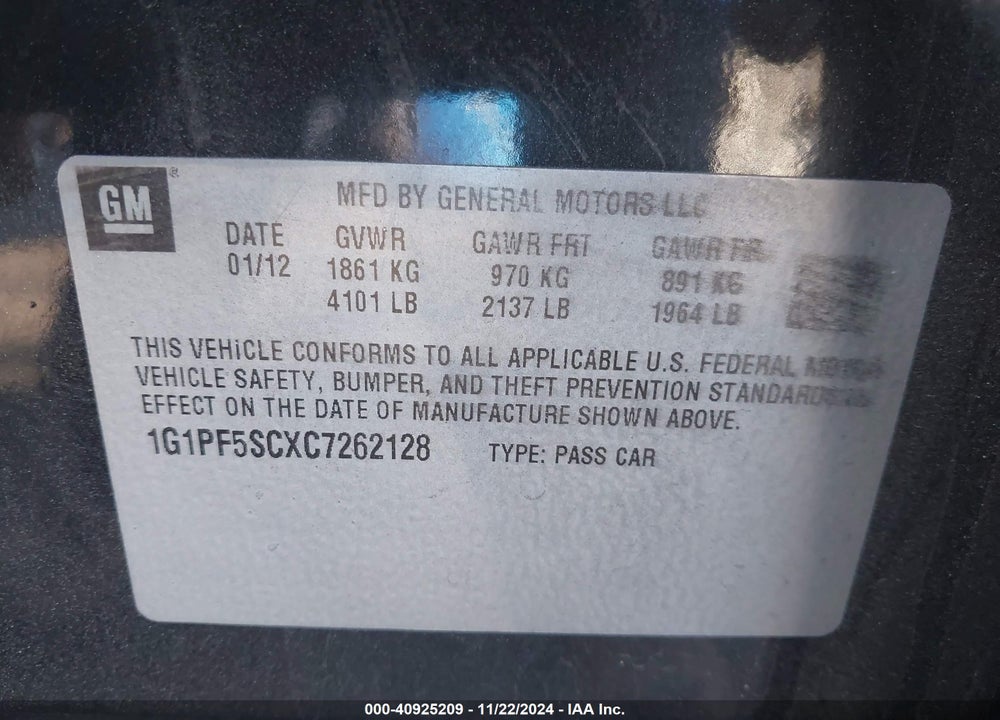 2012 CHEVROLET CRUZE 1LT VIN: 1G1PF5SCXC7262128