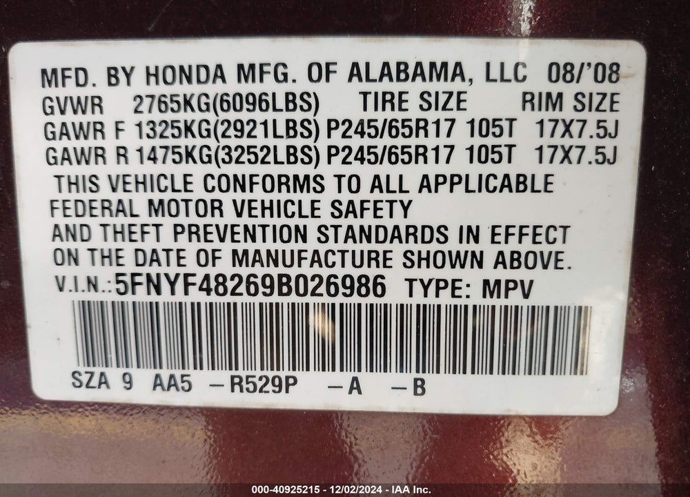 2009 HONDA PILOT LX VIN: 5FNYF48269B026986