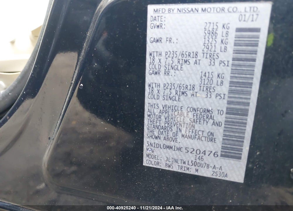 2017 INFINITI QX60 VIN: 5N1DL0MM1HC520476